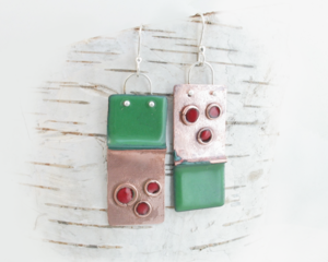Christmas Earrings Holly Berry Copper Enamel Red and Green Dangles
