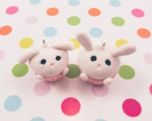 fireflyFrippery Bunny Cupcake Charm or Sculpture on Polka Dot Background