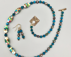 Necklace set: Mid-century Japanese confetti jeweled and foiled lampwork ovals, apatite, freshwater pearls