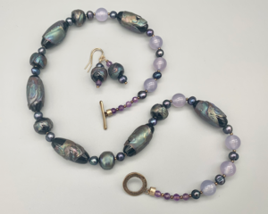 Necklace set | Contemporary artisan lampwork focal beads, grape chalcedony, amethyst, freshwater pearls