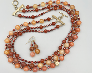 Necklace set | 3-strand natural carnelian, vintage faux-stone lucite, freshwater pearls