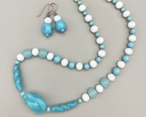 Necklace set | Cherry Brand aqua twist focal beads, pale blues, opalescent white vintage glass beads