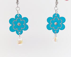 Teal Blue Daisy Flower with Raindrop Earrings Dangle Drop Style