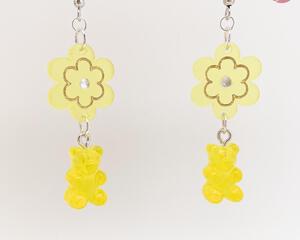 Lemon Yellow Daisy Flower and Gummy Bear Earrings Dangle Drop Style