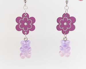 Purple Passionfruit Daisy Flower and Gummy Bear Earrings Dangle Drop Style