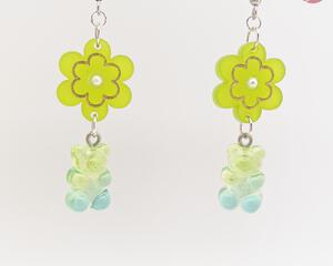 Lime Green and Blue Daisy Flower and Gummy Bear Earrings Dangle Drop Style