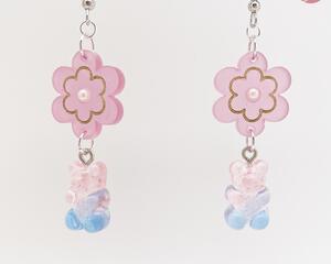 Cotton Candy Daisy Flower and Gummy Bear Earrings Dangle Drop Style