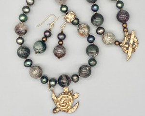 Necklace set | Artisan bronze sea turtle pendant, lodolite rounds and freshwater pearls