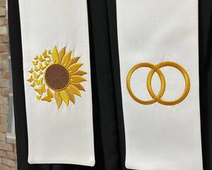 Custom handmade White Wedding officiant clergy stole with a sunflower turning into butterflies.  