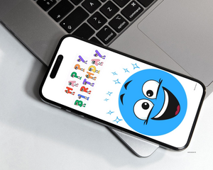 silly blue smiling face with colorful letter characters forming happy birthday above it and blue diamond shaped stars above the head, against a white background, on a cellphone