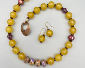 Necklace set | Complementary colors — "opal garden" lampwork rondelles, olive jade/serpentine rounds, deep rose freshwater pearls, Super Seven rounds
