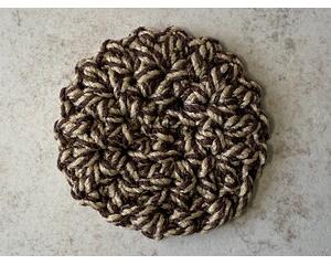 Handmade reusable scrubbers in brown and tan are mold and mildew resistant and machine washable. https://goimagine.com/memorablecrafts/