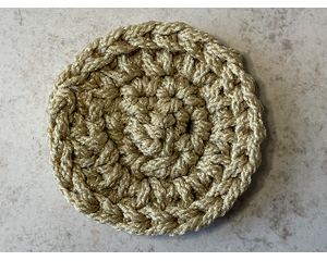 Handmade reusable scrubbers in wheat are mold and mildew resistant and machine washable. https://goimagine.com/memorablecrafts/