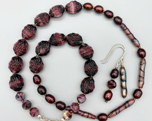 Necklace set | Enameled "bamboo" tubes, 1960s pressed glass beads, burgundy freshwater pearls, sterling silver fan clasp
