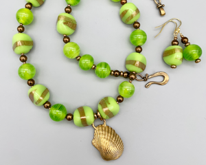 Necklace set | Bronze angelwing shell pendant, 1950s chartreuse/aventurina 3-sided glass beads, lime green swirled vintage rounds