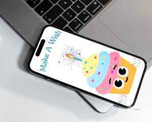 pink blue and yellow icing on a cupcake with large smiling eyes, sparkling candle on top, caption showing make a wish on a cellphone