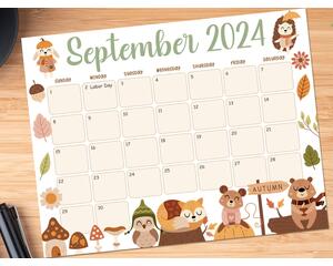 Fall Animals Theme Printable Calendar September 2024