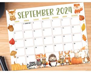 September 2024 Calendar Featuring Fall Animals