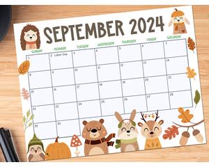 Autumn Themed September 2024 Printable Calendar with Animals