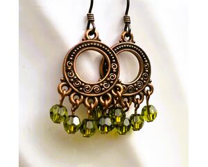 copper hoop earrings with green crystals