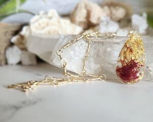 Dried Moss and Mushroom Gold Leaf Resin Pendant on Gold Colored Sterling Silver plated Copper Chain 