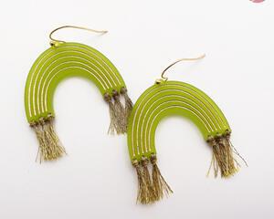 Lime Green and Gold Rainbow and Cloud Earrings Dangle Drop Style