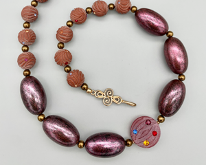 Necklace set | 1960s West German mauve lucite disks and rounds with sparkling crystals, vintage Italian lucite metallic plum ovals