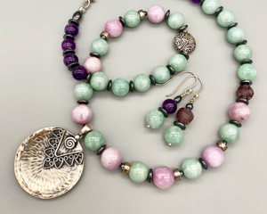 Necklace set | Reversible Southwest style sterling pendant, semi-precious stones — Burma jade, Kunzite, amethyst, strawberry quartz