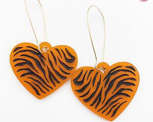 Tiger Striped Orange Heart Earrings Dangle Drop Style hand made by Bel Creative Arts
