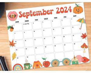 Retro Groovy September 2024 Printable Calendar Cute Theme