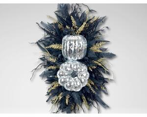 Handmade boho fall wreath with disco pumpkins, featuring dark green and gold foliage. Perfect for modern autumn door decor, 37”h x 24”w.