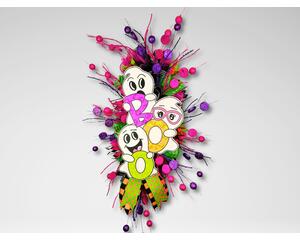 Handmade Halloween wreath with colorful ghost design and sparkly purple, green, and orange accents, perfect for your front door decor.