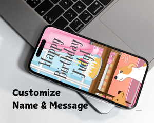 Three dogs at the dining table sniffing a birthday cake with a personalized happy birthday message on a cellphone