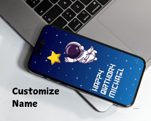 Astronaut reaching for a star with white personalized happy birthday message against a blue starry background on a cell phone