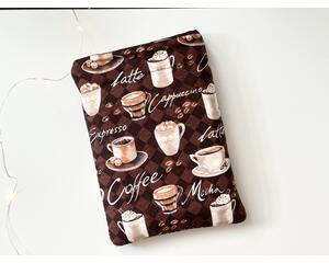 this coffee book sleeve has a checkered brown background with different coffee names and coffee