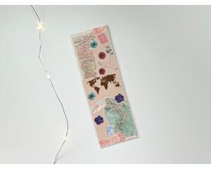 This scrapbook map bookmark has tan background with flowers, scrapbook map in the top left and bottom right corner and a map in the middle.