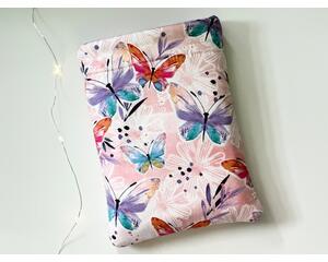 the butterfly book sleeve has a light pink background with white flowers and watercolor butterflies