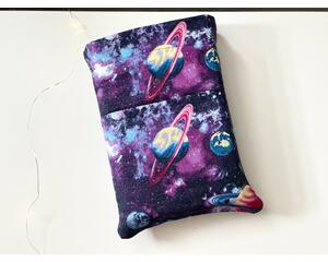 This galaxy book sleeve with pocket is sparkly with different shades of purple with planets all over the space book cover