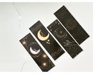 this moon bookmark set comes with 4 book mark with all are laminated with black backgrounds
