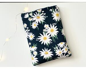 this daisy book sleeve has a navy blue background and the flowers are different size with stems