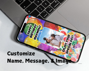 colorful balloon background with a photo and personalized happy birthday message