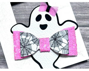 White & black ghost shaped bow, w/ pink glitter spider web design. Ghost is wearing tiny pink bow.  Bow is approx. 3 x 3. Sold Individually.