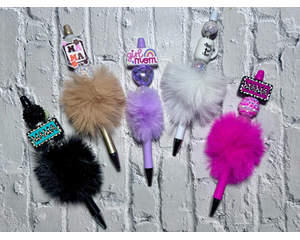 Photo of 5 beaded mama faux fur pens. From left to right: Black, Mocha, Lilac, White and Hot Pink. Pens are sold individually.