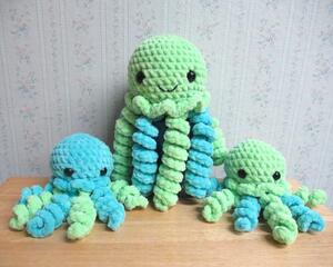 plush jellyfish mama and babies, blue and lime green