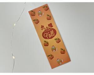 this fall bookmark has ombre orange background with the word FALL written on a pumpkin in the middle with cats in pumpkin costumes and pumpkins all over the page holder