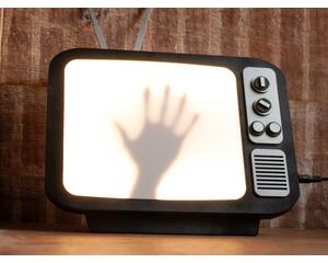 front view of hanging wall-mount Retro TV LED Lightbox Sign with creepy hand for Horror Movie Fans, Gamers, Bedroom Decor - light wall art 