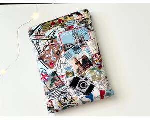 this travel book sleeve has pictures of different places and a map behind the pictures