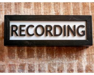 wood recording studio LED light up lightbox in black hanging on wall for home studio, podcasters, musicians, and gamers
