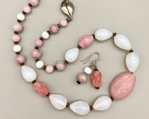 Necklace set | Pink and opalescent whites vintage and antique Japanese glass beads, Miriam Haskell focal