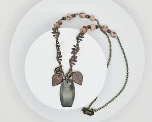 Maroon and pink toned large jasper pendant, Czech glass and brass leaves, brass pine cones, mookaite beads, brass chain and magnetic clasp